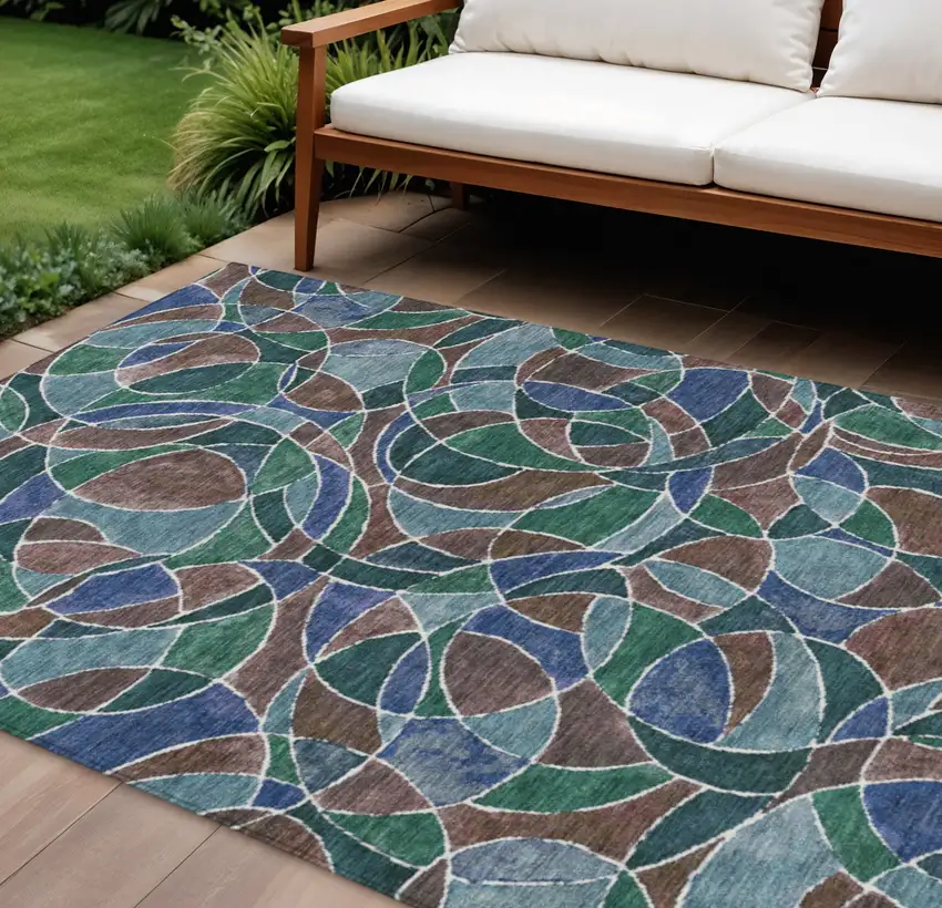 Blue Brown And Emerald Geometric Washable Indoor Outdoor Area Rug Photo 2