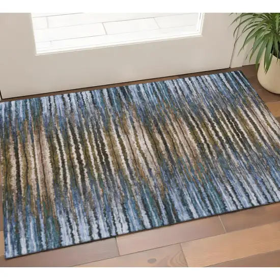Blue Brown And Gray Striped Washable Area Rug With UV Protection Photo 1