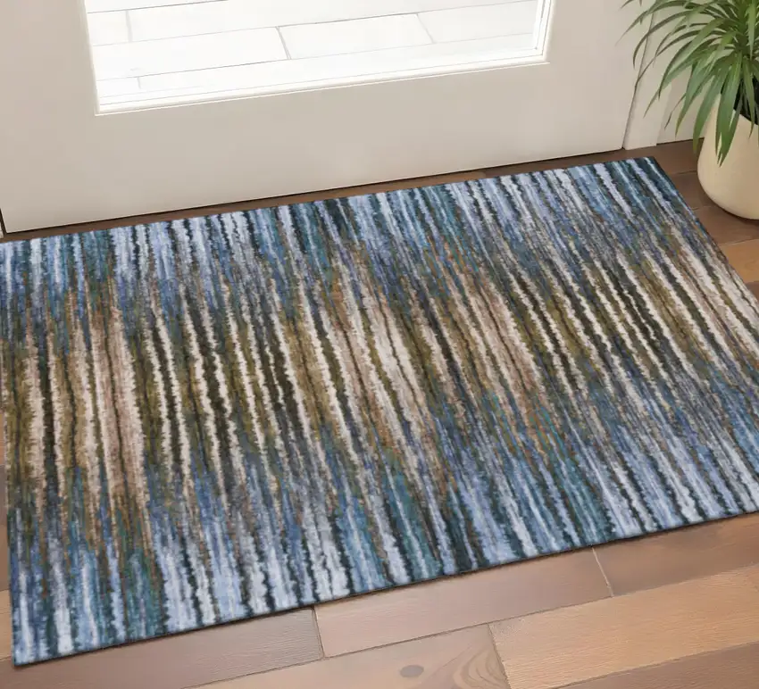 Blue Brown And Gray Striped Washable Area Rug With UV Protection Photo 1