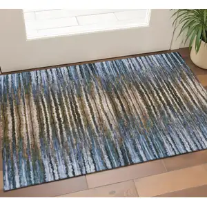 Photo of Blue Brown And Gray Striped Washable Area Rug With UV Protection