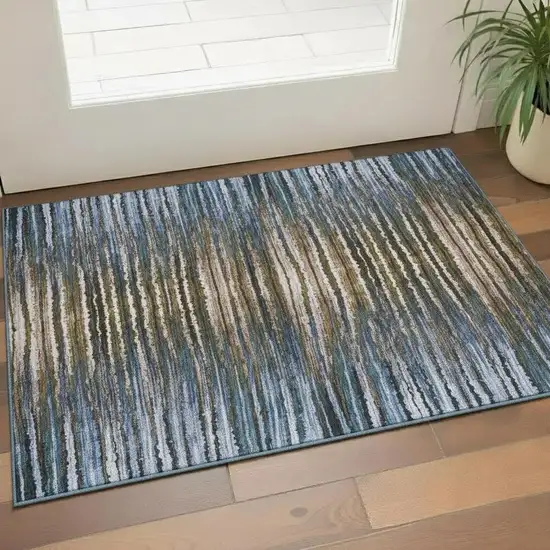 Blue Brown And Gray Striped Washable Area Rug With UV Protection Photo 1