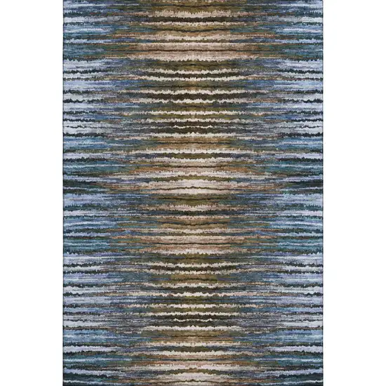 Blue Brown And Gray Striped Washable Area Rug With UV Protection Photo 2