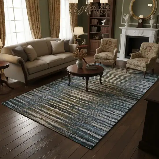 Blue Brown And Gray Striped Washable Area Rug With UV Protection Photo 2
