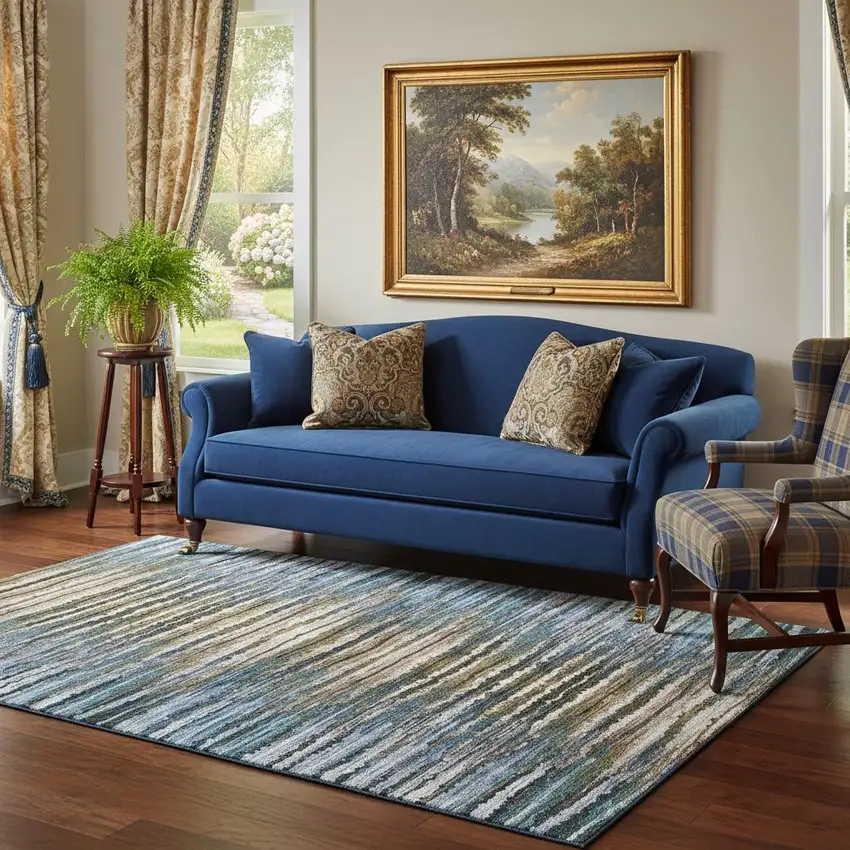 Blue Brown And Gray Striped Washable Area Rug With UV Protection Photo 1