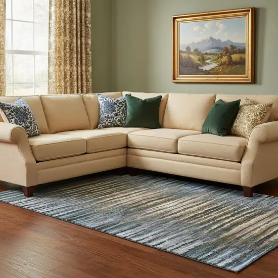 Blue Brown And Gray Striped Washable Area Rug With UV Protection Photo 1