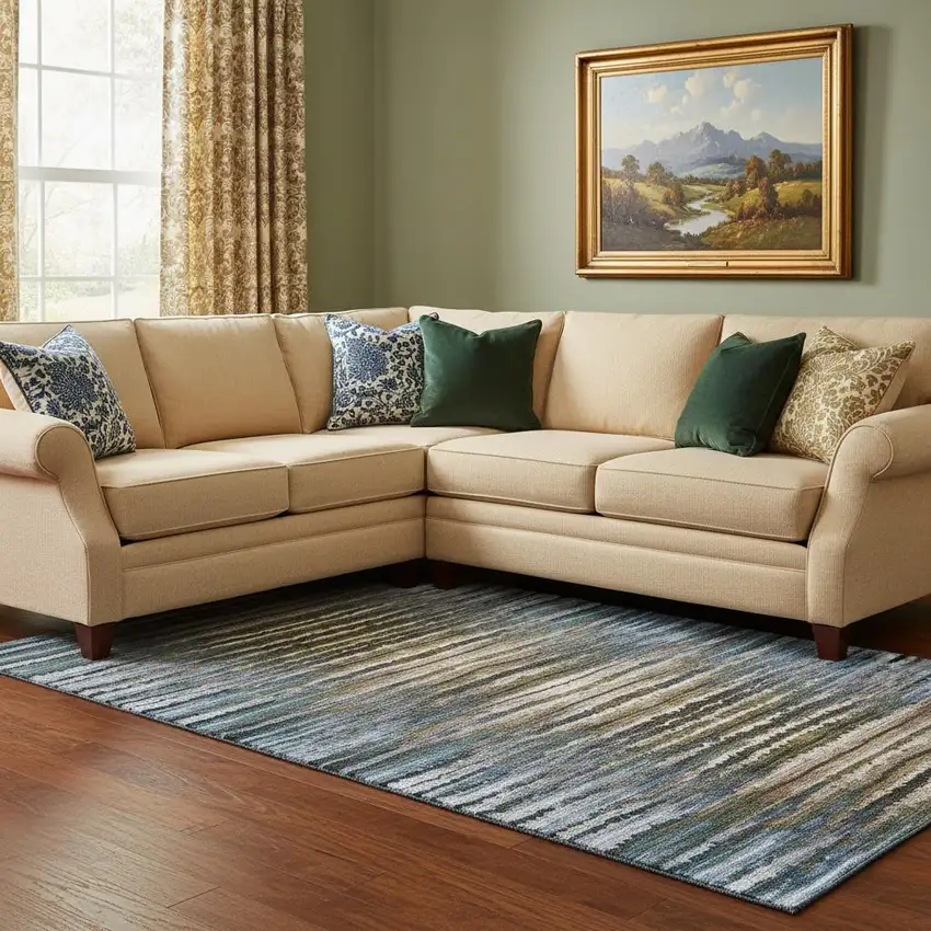 Blue Brown And Gray Striped Washable Area Rug With UV Protection Photo 1