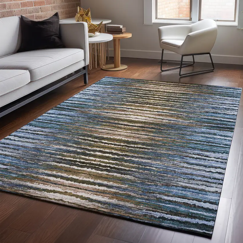 Blue Brown And Gray Striped Washable Area Rug With UV Protection Photo 4