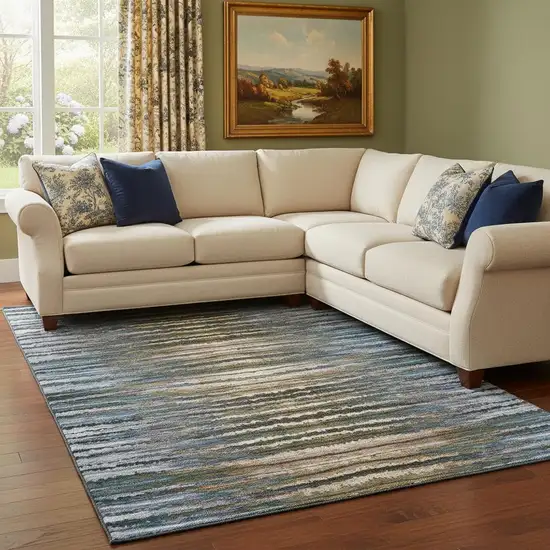 Blue Brown And Gray Striped Washable Area Rug With UV Protection Photo 1