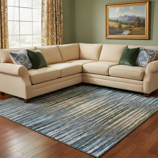 Blue Brown And Gray Striped Washable Area Rug With UV Protection Photo 1