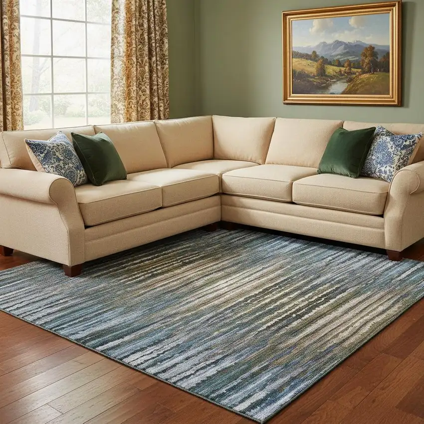 Blue Brown And Gray Striped Washable Area Rug With UV Protection Photo 1