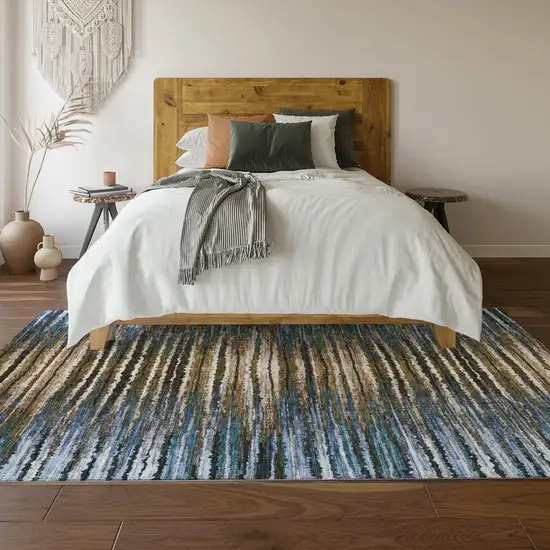 Blue Brown And Gray Striped Washable Area Rug With UV Protection Photo 4