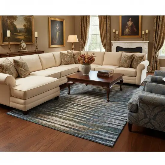 Blue Brown And Gray Striped Washable Area Rug With UV Protection Photo 2