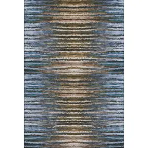 Photo of Blue Brown And Gray Striped Washable Area Rug With UV Protection