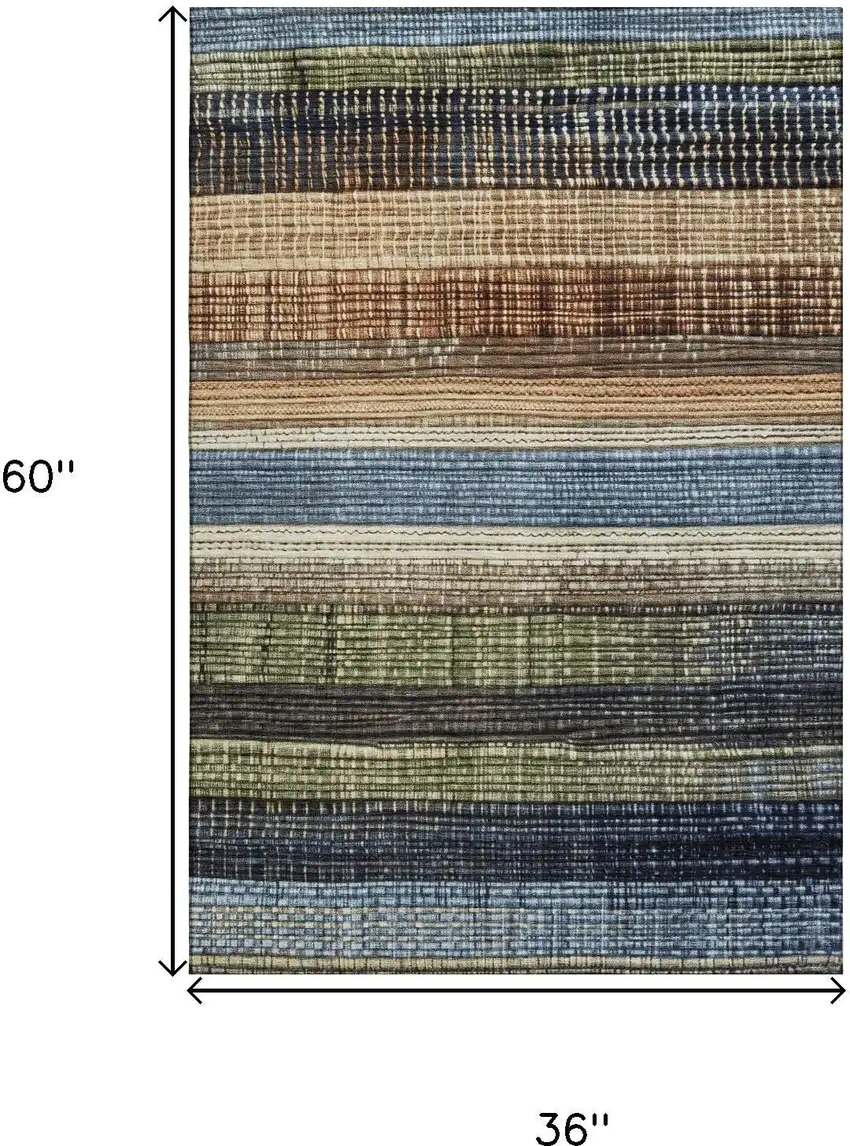 Blue Brown And Green Striped Washable Area Rug With UV Protection Photo 9