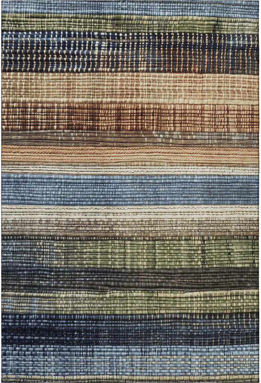 Blue Brown And Green Striped Washable Area Rug With UV Protection Photo 3