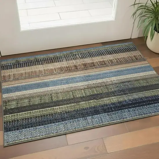 Blue Brown And Green Striped Washable Area Rug With UV Protection Photo 2