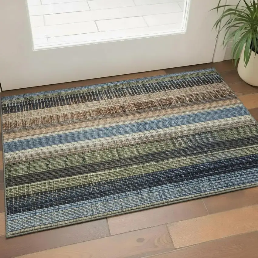 Blue Brown And Green Striped Washable Area Rug With UV Protection Photo 2
