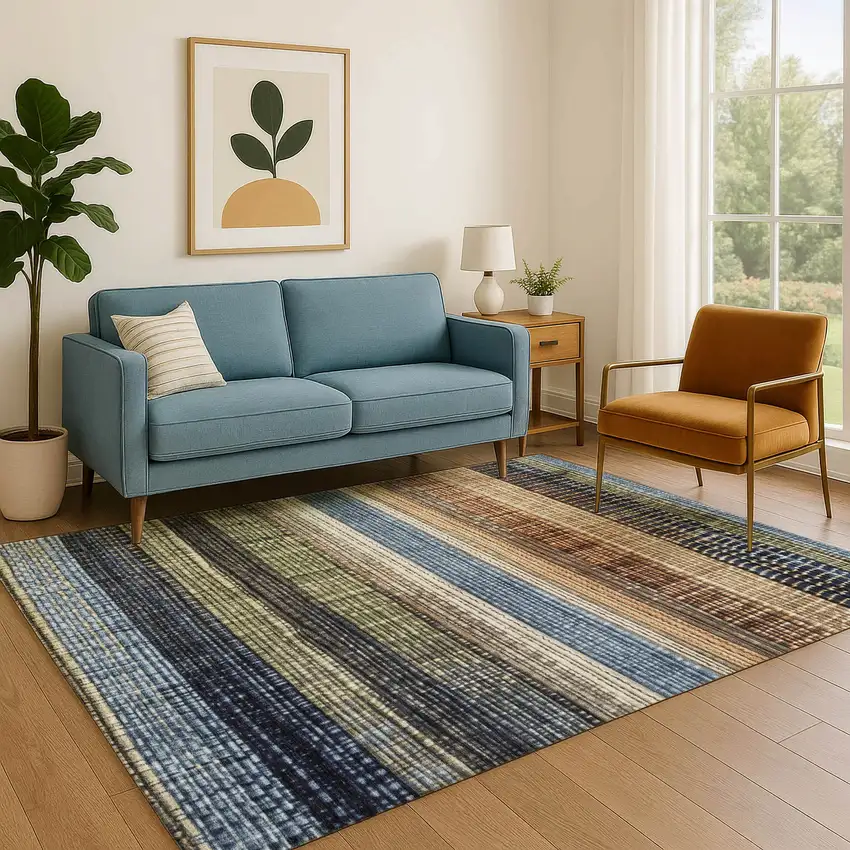 Blue Brown And Green Striped Washable Area Rug With UV Protection Photo 5