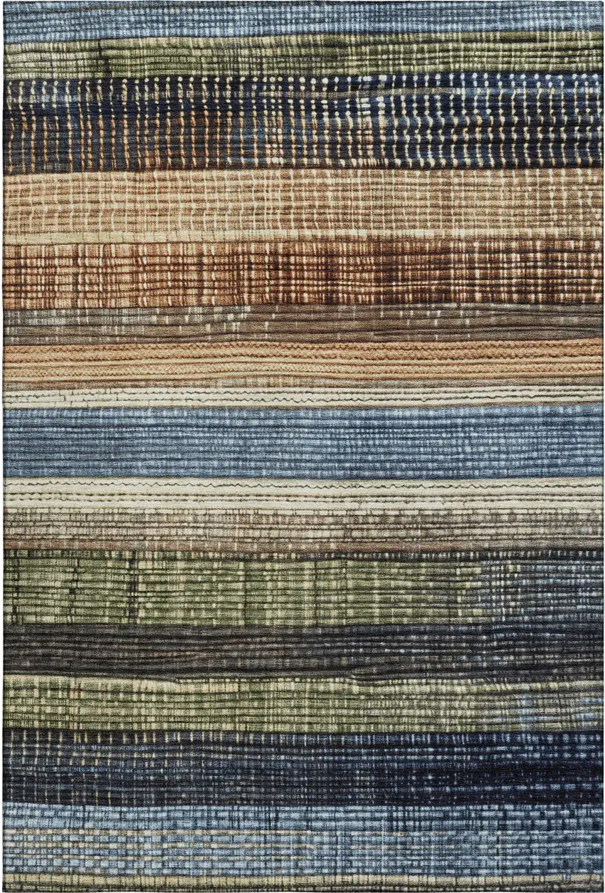 Blue Brown And Green Striped Washable Area Rug With UV Protection Photo 1