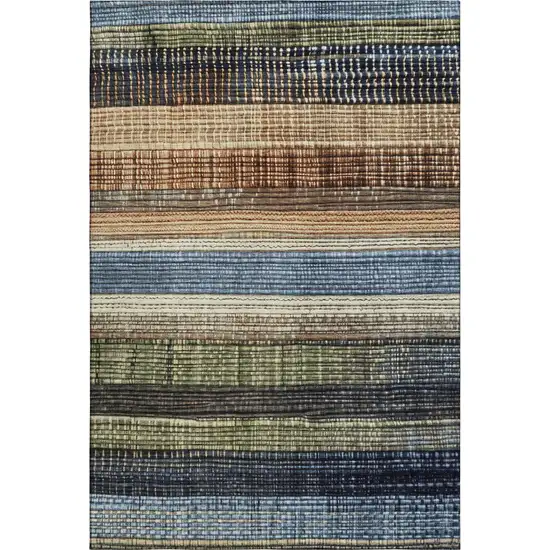 Blue Brown And Green Striped Washable Area Rug With UV Protection Photo 1
