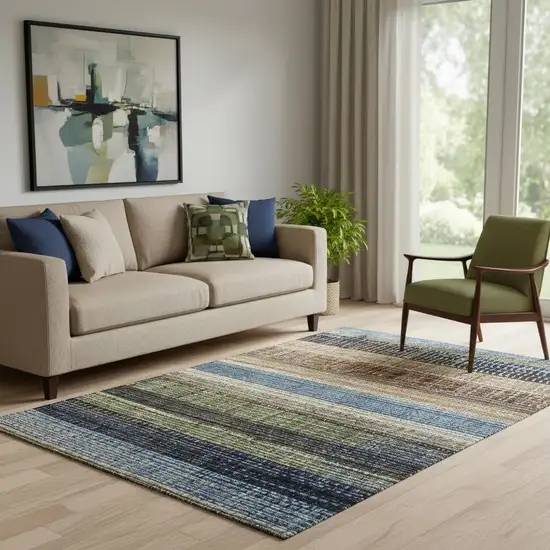 Blue Brown And Green Striped Washable Area Rug With UV Protection Photo 2