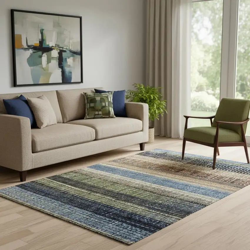 Blue Brown And Green Striped Washable Area Rug With UV Protection Photo 2