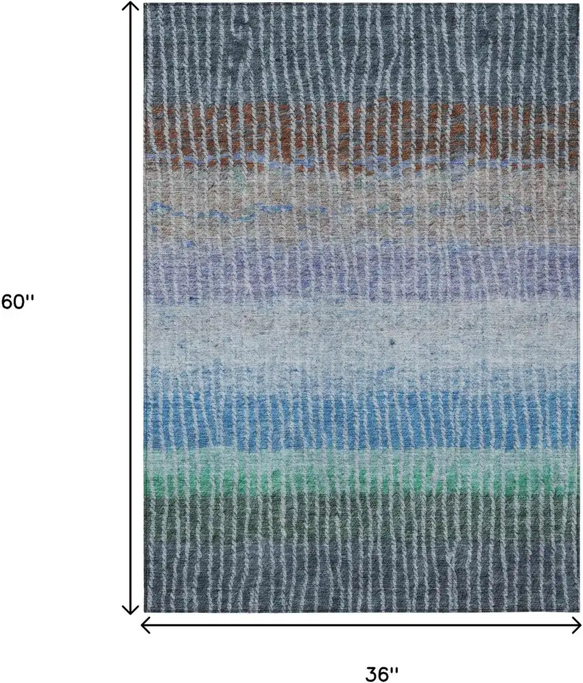 Blue Brown And Green Striped Washable Indoor Outdoor Area Rug Photo 3