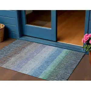 Photo of Blue Brown And Green Striped Washable Indoor Outdoor Area Rug