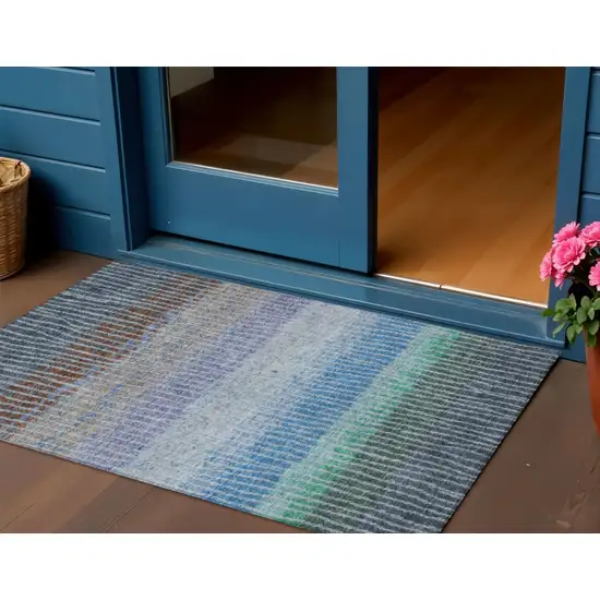 Blue Brown And Green Striped Washable Indoor Outdoor Area Rug Photo 1
