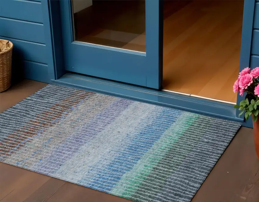 Blue Brown And Green Striped Washable Indoor Outdoor Area Rug Photo 1