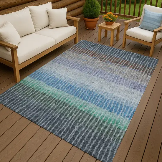 Blue Brown And Green Striped Washable Indoor Outdoor Area Rug Photo 9