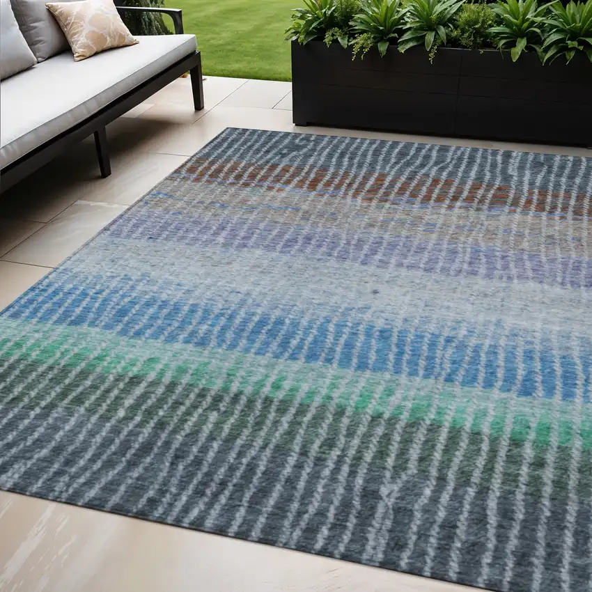 Blue Brown And Green Striped Washable Indoor Outdoor Area Rug Photo 1