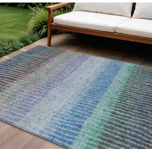 Photo of Blue Brown And Green Striped Washable Indoor Outdoor Area Rug