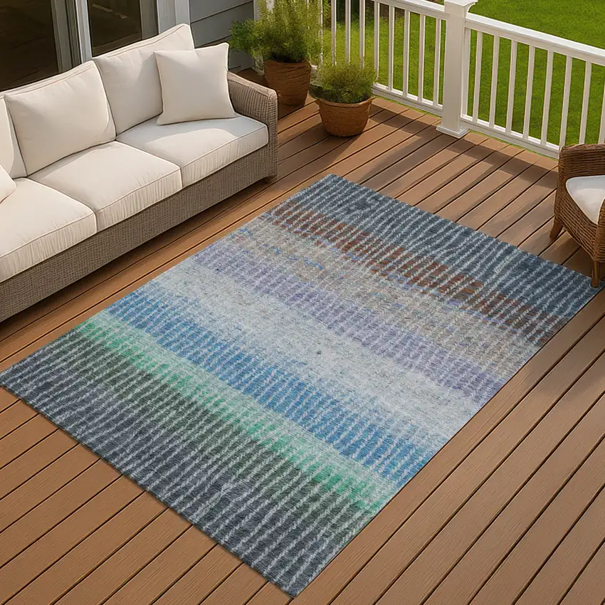 Blue Brown And Green Striped Washable Indoor Outdoor Area Rug Photo 7