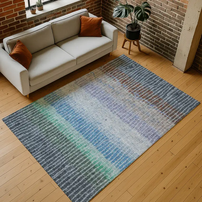 Blue Brown And Green Striped Washable Indoor Outdoor Area Rug Photo 9