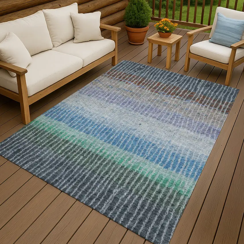 Blue Brown And Green Striped Washable Indoor Outdoor Area Rug Photo 9