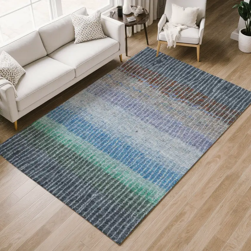 Blue Brown And Green Striped Washable Indoor Outdoor Area Rug Photo 8