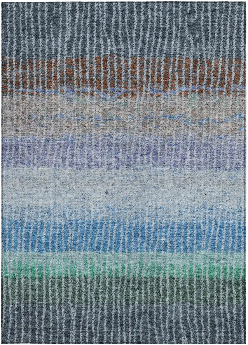 Blue Brown And Green Striped Washable Indoor Outdoor Area Rug Photo 4