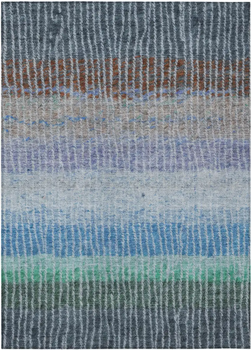 Blue Brown And Green Striped Washable Indoor Outdoor Area Rug Photo 2