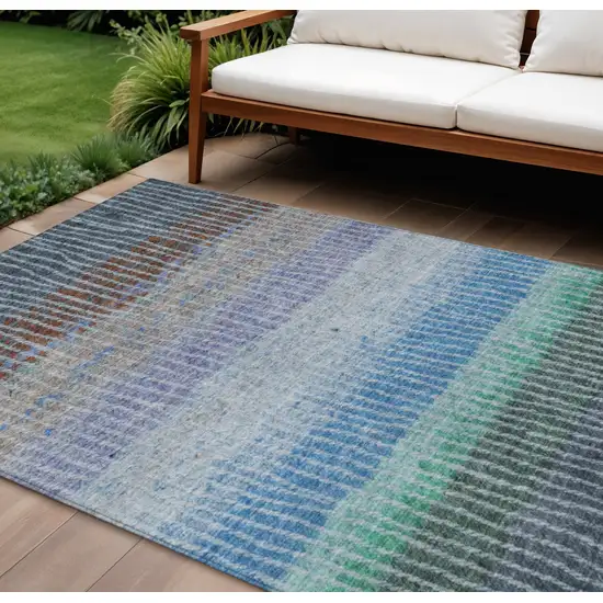 Blue Brown And Green Striped Washable Indoor Outdoor Area Rug Photo 1