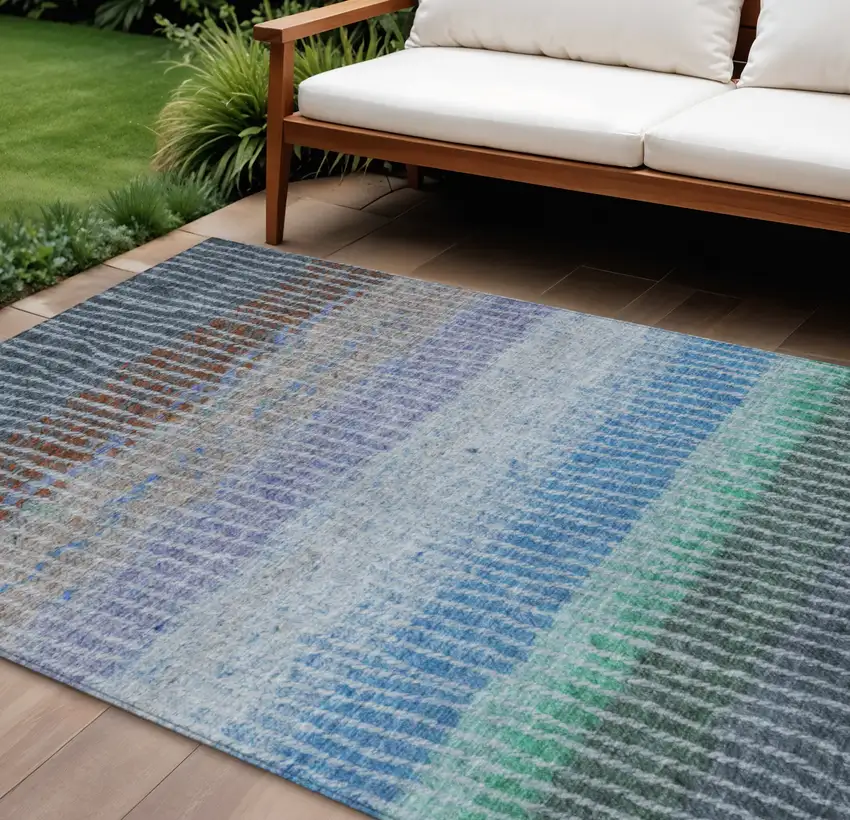 Blue Brown And Green Striped Washable Indoor Outdoor Area Rug Photo 1
