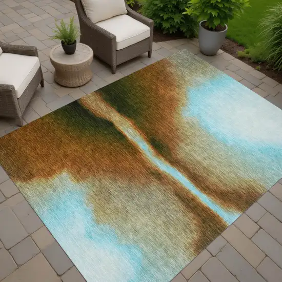 Blue Brown And Ivory Abstract Washable Indoor Outdoor Area Rug Photo 6