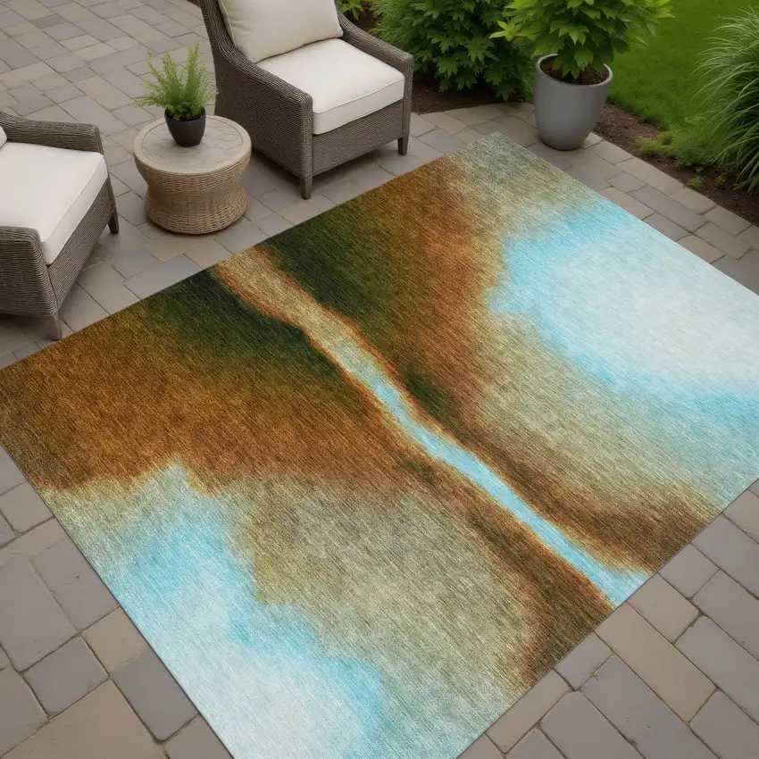 Blue Brown And Ivory Abstract Washable Indoor Outdoor Area Rug Photo 6