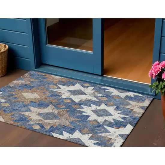 Blue Brown And Ivory Aztec Washable Indoor Outdoor Area Rug Photo 2