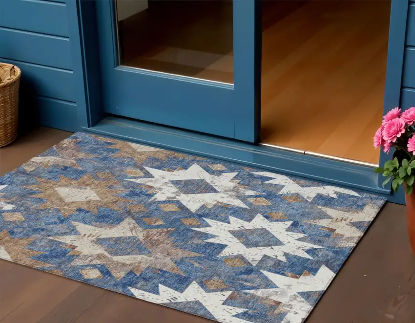 Blue Brown And Ivory Aztec Washable Indoor Outdoor Area Rug Photo 2