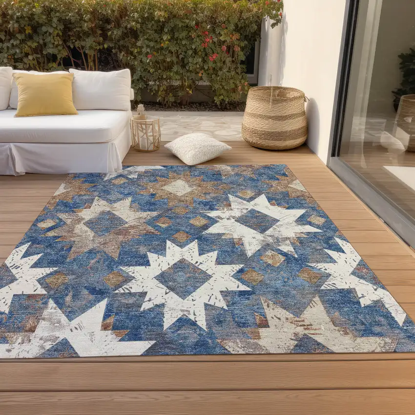 Blue Brown And Ivory Aztec Washable Indoor Outdoor Area Rug Photo 7