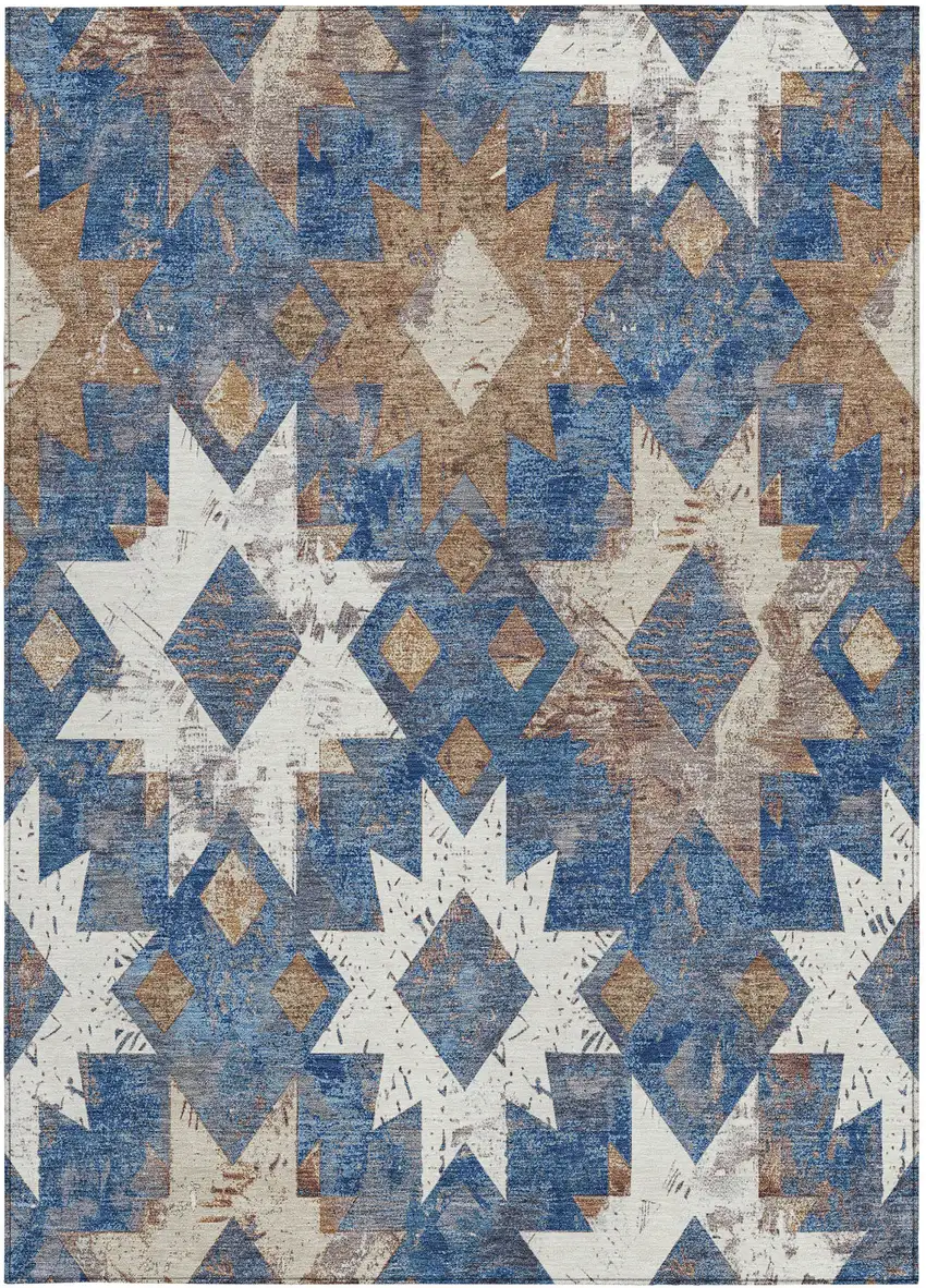 Blue Brown And Ivory Aztec Washable Indoor Outdoor Area Rug Photo 3