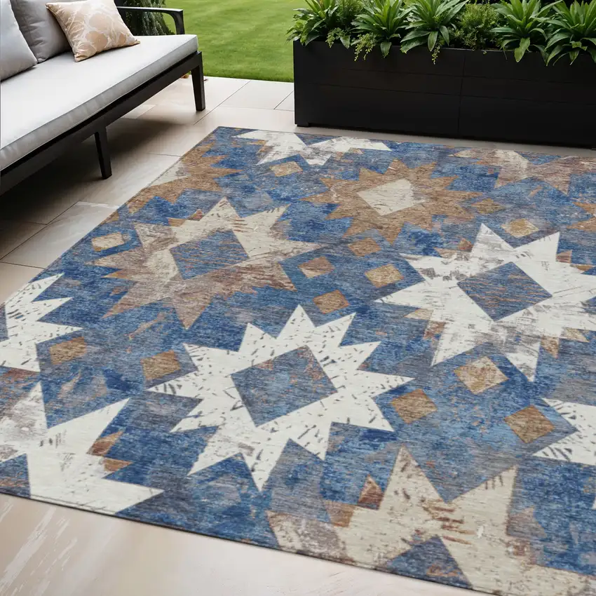 Blue Brown And Ivory Aztec Washable Indoor Outdoor Area Rug Photo 2
