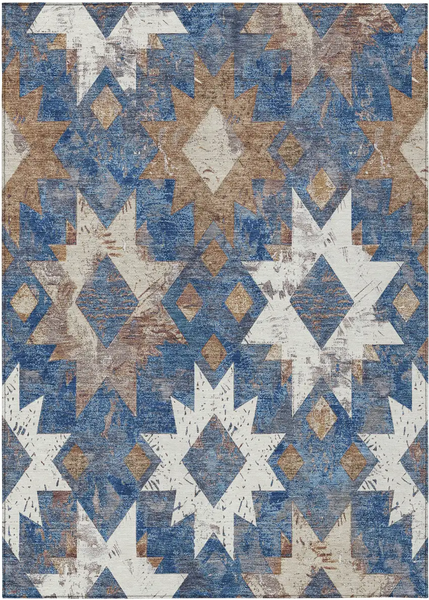 Blue Brown And Ivory Aztec Washable Indoor Outdoor Area Rug Photo 1