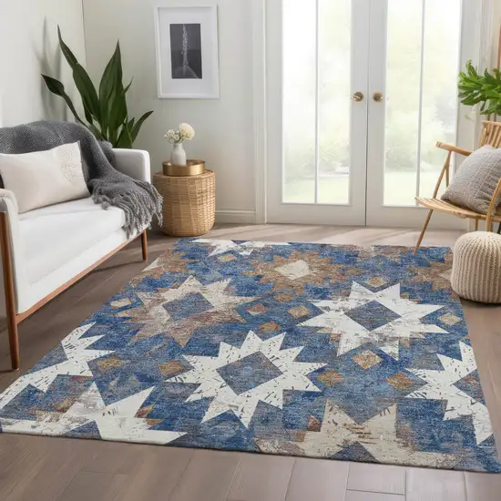 Blue Brown And Ivory Aztec Washable Indoor Outdoor Area Rug Photo 6